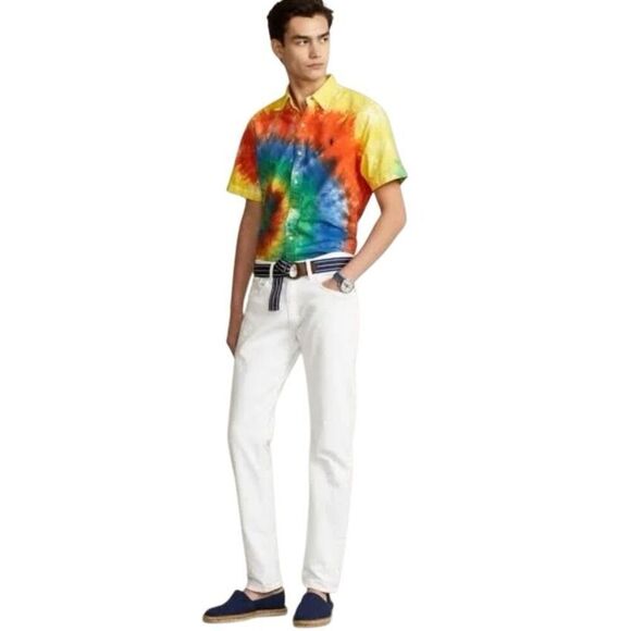 Polo Ralph Lauren Classic Fit Tie-Dye Oxford Shirt Blue/Green Tie Dye Multi Larg - Picture 5 of 6